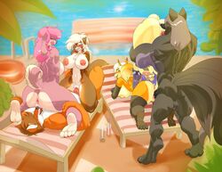 2017 all_fours anthro ass balls big_breasts black_fur black_nose blue_eyes blue_hair breasts brown_hair canine closed_eyes clothing cowgirl_position doggy_style erection female footwear fox from_behind_position fur grey_hair group group_sex hair high_heels inner_tube javkiller justin_(o_im_soniic) legwear male male_penetrating mammal muscular nipples nude on_top open_mouth oral penetration penis piercing pink_hair pussy sex shoes smile straight swimming_pool tamati threesome tongue tongue_out tree vaginal_penetration water white_fur white_hair