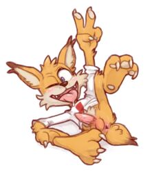 anthro anus balls bottomless bubsy bubsy_(series) clothed clothing feline gesture lynx male male_only mammal one_eye_closed penis shugowah solo v video_games wink