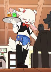 blush bow_tie briefs bulge clothing drinks fur hair ice_cubes lagomorph legwear male male_only mammal manmosu_marimo navel open_mouth pink_nose rabbit solo standing stockings straws underwear vest white_fur white_hair