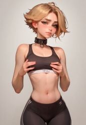 ai_generated blonde_hair choker green_eyes gym_clothes revealing_clothes short_hair skimpy_clothes skintight_clothing small_breasts veve