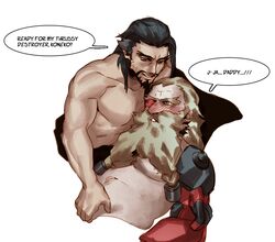 2boys beard facial_hair francishsie hanzo male multiple_boys naughty_face overwatch smile text topless torbjörn undressing yaoi