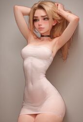 blonde_hair choker green_eyes minidress revealing_clothes short_hair skimpy_clothes skintight_clothing small_breasts veve