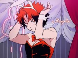 alternate_costume bowtie bunny_boy bunny_ears bunnysuit crossdressing gintama looking_at_viewer male male_only male_playboy_bunny mukai00_2 red_eyes red_hair restricted_palette sakamoto_tatsuma smile solo upper_body wrist_cuffs