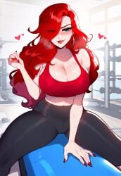 1female 1girl 1girls ai_generated anemoi big_breasts blush breasts flustered front_view gym gym_bottomwear gym_clothes gym_clothing gym_uniform league_of_legends leggings legs_apart long_hair looking_at_viewer miss_fortune nail_polish red_hair riot_games sarah_fortune sitting solo solo_female solo_focus spoken_heart sports_bra sportswear steam steaming_body steamy_breath sweat sweatdrop sweating sweaty sweaty_body sweaty_breasts tight_clothes tight_clothing yoga_pants