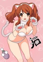 animal_ears animal_hands asahina_mikuru bare_shoulders bent_over bikini blush breasts brown_eyes brown_hair cat_ears cat_tail detached_collar fake_tail feline female gloves highres large_breasts long_hair looking_at_viewer mole mole_on_breast navel open_mouth paw_gloves pink_background simple_background solo suzumiya_haruhi_no_yuuutsu swimsuit tail twintails white_bikini yuiyu_ki