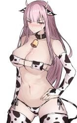 1girls bell bell_collar bikini blush collar cow_ears cow_girl cow_horns cow_print cow_print_armwear cow_print_bikini cow_print_thighhighs cow_tail cowbell elbow_gloves female gloves hand_on_hip hololive hololive_english hololive_myth legwear long_hair mori_calliope pink_eyes pink_hair ring sakiya solo solo_female stockings sweatdrop thighhighs virtual_youtuber