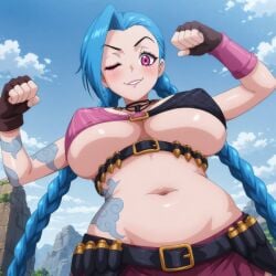 ai_generated ammunition_belt belly belly_focus belt big_breasts blush busty cleavage crop_top curvy cyan_hair facing_viewer female female female_only from_below hi_res highres jinx_(league_of_legends) league_of_legends midriff navel perky_breasts ponytail purple_eyes seraphim_ai skirt smile solo stable_diffusion tattoo