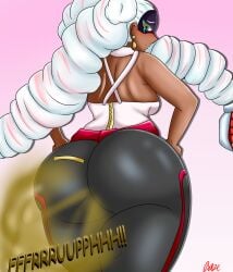 arms_(game) bxblazexd dark-skinned_female dark_skin domino_mask fart fart_cloud fart_fetish hands_on_hips huge_ass multicolored_hair pink_hair thick_ass twintelle white_hair