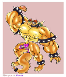 1boy animal_genitalia anthro bowser clothing dildo dragmon full_body furry male male_only mario_(series) muscular muscular_male nintendo nipples penis pink_background sex_toy simple_background solo suit transformation video_games white_border