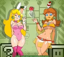 2girls alternate_breast_size animated bare_midriff big_ass big_breasts big_butt blonde_hair blue_eyes bouncing_breasts breasts brown_hair bunny_ears bunnysuit carrot carrot_(mario) cleavage dancing drunk earrings eyeshadow female female_only fire_flower flirting huge_breasts human human_only large_breasts leotard long_hair longer_than_30_seconds makeup mario_(series) minus8 music navel nintendo one_eye_closed princess_daisy princess_peach shiny shiny_skin short_video sound standing super_mario_bros. super_mario_land super_mario_land_2 synced_to_music tagme thighs underboob veil very_long_hair video wink