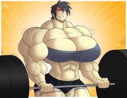 abs biceps big_breasts breasts buff deltoids forearms forsakun janet_crosby large_breasts muscles muscular muscular_female overly_muscular pecs short_hair shorts struggling struggling_to_lift tomboy traps tubetop vascular veins working_out