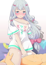 1boy artist_request bangs blue_eyes blush bow censored closed_mouth eromanga_sensei eyebrows_visible_through_hair female hairbow highres izumi_sagiri long_hair low-tied_long_hair penis shadow shirt silver_hair solo_focus white_shirt