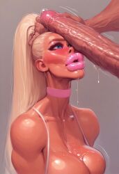 absurdly_large_cock ai_generated bikini bimbo bimbo_lips blonde_hair blush choker cleavage foreskin head_grab huge_breasts huge_cock long_hair makeup penis_on_face penis_slap pink_lips pobodyznerf ponytail precum tight_clothing veiny_penis