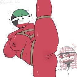 1boy 1girls big_breasts bondage breasts countryhumans countryhumans_girl green_eyes iraq_(countryhumans) kuwait_(countryhumans) leg_up legs_up looking_down red_body red_skin rope_bondage spread_legs thick_thighs xx.canada.xx