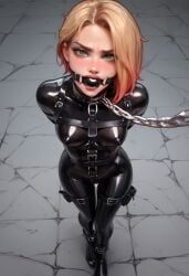 ai_generated blonde_hair bondage_gear bondage_outfit choker female gagged green_eyes harness latex latex_bodysuit leash leash_and_collar leashed_pov short_hair skimpy_clothes skintight_clothing small_breasts submissive submissive_female veve