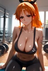 ai_generated alternate_hairstyle cleavage contrast eternalpose gym gym_clothes looking_at_viewer nami nami_(one_piece) patreon ponytail shiny_skin suggestive suggestive_look sweat