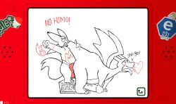 anthro charizard digital_media_(artwork) dildo duo electronics erection flipnote_studio_(artwork) flipnotecreation game_console generation_1_pokemon generation_3_pokemon hand_in_air heart_symbol holding_tail lcd looking_up male male/male nintendo nintendo_ds_family nintendo_dsi nintendo_dsi_console no_homo pokemon pokemon_(species) red_color sex_toy smoke smoke_from_mouth standing_on_box sticker strapon tail zangoose