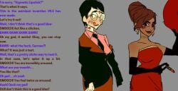 2girls arousal aroused_by_another aroused_female carmen_sandiego carmen_sandiego_(2019) carmen_sandiego_(franchise) chocolate_and_vanilla clothed dazed dialogue disheveled disheveled_clothing disheveled_hair dress earrings female female_focus female_only femdom femsub glasses gloves humor hypnosis jewelry julia_argent julia_argent_(carmen_sandiego) kiss_mark kiss_mark_on_lips kiss_marks kissing light-skinned_female light_skin lipstick lipstick_mark lipstick_on_face long_hair looking_at_viewer manip mind_control multiple_girls necklace opera_gloves ponytail red_dress red_hat short_hair smile suit suit_and_tie tan-skinned_female tan_skin text where_in_the_world_is_carmen_sandiego wholesome yuri zupern0va_(manipper)