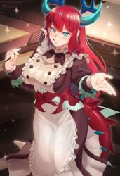 1girls absurd_res blue_eyes dragon_girl dragon_horns dragon_tail dragonmaid_(yu-gi-oh!) duel_monster green_eyes hocen kitchen kitchen_dragonmaid long_hair long_sleeves looking_at_viewer maid maid_apron patreon_username red_hair tongue_out vilde_loh_hocen yu-gi-oh!