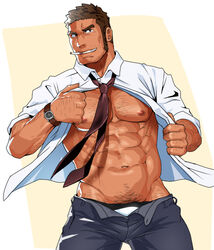 1boy abs bara body_hair cigarette male male_only necktie pecs sakuramaru123 smile smoking solo suit teacher teeth underwear undressing white_underwear