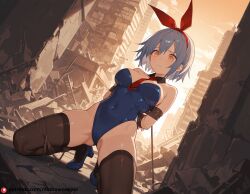 ai_generated blue_hair bondage breasts crouching disgaea female hair_ribbon large_breasts pleinair restrained thighhighs