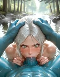 ai_generated bathing blowjob ciri deepthroat drowner fellatio female green_eyes head_grab jaarulz light-skinned_female monster oral_sex penis sucking_penis tears the_witcher_(series) the_witcher_3:_wild_hunt wet_body white_hair