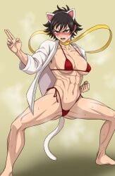 1girls abs anal_tail armpit_hair armpit_hair_peek barefoot bikini black_hair blush brown_eyes cat_ears cat_tail choker fake_animal_ears female fist hairy_armpits kemonomimi_mode leon_kim lowleg_bikini makoto_(street_fighter) micro_bikini muscular muscular_female no_pants open_clothes red_bikini short_hair side-tie_bikini solo spaghetti_strap street_fighter street_fighter_iii sweat underboob yellow_choker