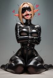 ai_generated alter_ego blindfold blonde_hair bound captured collar defeated elf gagged latex_clothing latex_skinsuit open_mouth open_mouth_gag prisoner skimpy_clothes small_breasts straitjacket thighhighs veve