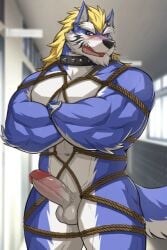 animated blue_body blue_eyes canid canine drks embarrassed fenrir_(tas) fur furry_focus furry_male furry_only genitals lifewonders male male_furry mammal multicolored_body multicolored_fur muscular muscular_male penis solo tokyo_afterschool_summoners white_body