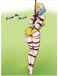 1girls arms_tied_behind_back ass bikini blonde_hair blue_eyes bondage breasts crotch_rope crown_braid english_text gag gagged large_breasts legs_tied looking_at_viewer nintendo orange_bikini orange_swimsuit over_the_nose_gag princess_zelda rope rope_bondage ryner-e short_hair suspension_bondage swimsuit tears_of_the_kingdom text the_legend_of_zelda