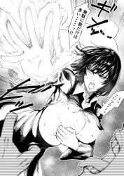 1boy 1girls angry arm_pull ass ass_grab back bald battle_damage big_ass big_breasts big_butt big_thighs black_hair blood_on_breasts blood_on_face blush boobs_popping_out bra breasts breasts_bigger_than_head clenched_teeth covered_in_sweat covering_nipples damaged_clothes defeated defeated_heroine dress female female_human fit_female gigantic_breasts greyscale hands_on_ass hiding_nipple highres holding_breasts huge_areolae huge_ass huge_breasts huge_butt huge_thighs human human_male iwao178 japanese_text kneeling light-skinned_female lips looking_at_viewer looking_back manga molestation monochrome nipples ripped_clothing ripped_clothing ripped_dress short_hair simple_background solo supporting_breasts sweat sweaty_breasts sweaty_thighs teeth thick_thighs thighs thin_waist torn_clothes wide_hips