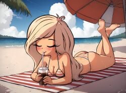 ai_generated beach blush closed_eyes coco_schoppenboer drinking feet full_body large_breasts laying_down ongezellig parasol sunbathing