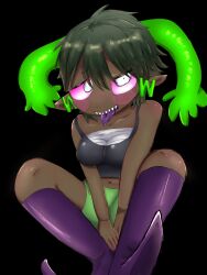 bandage bandaged_chest big_breasts black_tank_top blush brown-chan da-da dark-skinned_female dark_green_hair ear_hands fully_clothed green_ears green_shorts human humanized oyasaioni9 pink_sclera pointy_ears purple_shoes purple_tongue rule_63 sfw sharp_teeth short_hair sitting teach_the_cat tongue_out white_eyes