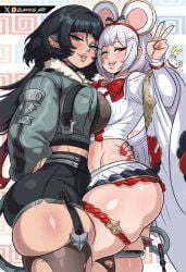 2girls animal_ears blannis_art breasts female female_focus female_only granblue_fantasy jane_doe_(zenless_zone_zero) large_breasts light-skinned_female light_skin looking_at_viewer midriff skindentation tail thick_thighs thighs vikala_(granblue_fantasy) wide_hips zenless_zone_zero