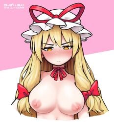 artist_name blonde_hair blush breasts choker closed_mouth dated hair_between_eyes hair_ribbon hat highres large_breasts long_hair mob_cap nipples nude ribbon ribbon_choker solidus_(sword_cube) touhou upper_body very_long_hair yakumo_yukari yellow_eyes