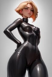 ai_generated blonde_hair choker green_eyes latex latex_bodysuit short_hair skimpy_clothes skintight_clothing small_breasts veve