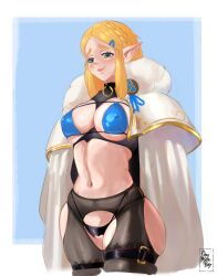 absurdres bikini blonde_hair blue_bikini bow bow_panties breasts breath_of_the_wild collar crotchless crotchless_bikini female green_eyes highres large_breasts lingerie navel onemoreray panties pantyhose pointy_ears princess_zelda pussy swimsuit the_legend_of_zelda the_legend_of_zelda:_breath_of_the_wild thick_thighs thighs uncensored underwear wide_hips winter_uniform zelda_(breath_of_the_wild)