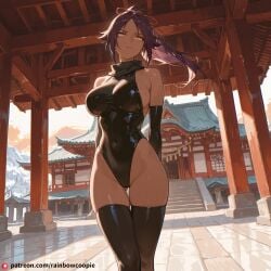 ai_generated beautfiul_background glaring huge_breasts looking_up_lustfully shihouin_yoruichi snowy stunning_backgroud temple thighhighs