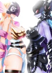 2girls angel angel_girl angel_wings angewomon asymmetrical_clothes asymmetrical_legwear bare_shoulders big_breasts blonde_hair breasts collarbone covered_eyes demon_girl digimon digimon_(species) digimon_adventure digital_media_(artwork) elbow_gloves female female_focus female_only gerusyu gloves head_wings helmet helmet_over_eyes highres ladydevimon large_breasts light-skinned_female light_skin long_hair looking_at_another looking_at_viewer mature_female mature_woman pink_shawl purple_skin shawl shiny_skin simple_background skindentation smile thick_thighs thigh_strap thighs white_background white_hair wrist_wings