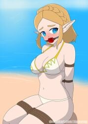 1girls arms_tied_behind_back ball_gag beach bikini blonde_hair blue_eyes bondage breasts breath_of_the_wild gag gagged large_breasts legs_tied long_hair looking_at_viewer midriff navel nintendo ocean outside princess_zelda rope rope_bondage swimsuit the_legend_of_zelda water white_bikini white_swimsuit zipzeetap