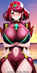 1girls aegis_elysium ai_art ai_generated armor armored_female beach blush blushing breasts cleavage dress female female_focus gem gloves hair_ornament headpiece highres huge_breasts jewelry large_breasts looking_at_viewer medium_hair nintendo patreon patreon_username pyra pyra_(xenoblade) red_dress red_eyes red_hair sea seaside smile solo solo_focus standing sunrise swept_bangs thick_thighs thighs tiara watermark xenoblade_(series) xenoblade_chronicles_(series) xenoblade_chronicles_2