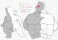 anthro anus ass balls bear big_anus big_balls big_butt black_body circumcised dialogue feet foot_focus genitals grin grinning_at_viewer krisfe lying male mammal monokuma multicolored_body nude on_front penis presenting slightly_chubby smile solo standing toes white_body