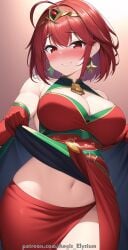 1girls aegis_elysium ai_generated blush breasts cleavage dress dress_lift female female_focus gem gloves hair_ornament headpiece highres huge_breasts jewelry large_breasts lift looking_at_viewer medium_hair navel nintendo patreon patreon_username pyra pyra_(xenoblade) red_dress red_eyes red_hair smile solo solo_focus standing swept_bangs thick_thighs thighhighs thighs tiara watermark xenoblade_(series) xenoblade_chronicles_(series) xenoblade_chronicles_2