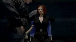 3d black_widow_(marvel) bound_to_chair bound_wrists damsel_in_distress flashing imminent_oral interrogation interrogation_room marvel marvel_comics natasha_romanoff penis scarlett_johansson superheroine threatening