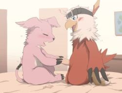 2025 balls bandai_namco bed belt black_belt blue_eyes blush bodily_fluids closed_eyes condom digimon digimon_(species) door duo embarrassed erection fangs feathers female fur furniture gazimon genitals happy hawkmon inside kneeling_on_bed male male/female on_bed open_mouth pink_body pink_fur ptkd putting_on_condom red_feather sexual_barrier_device side_view sitting sitting_on_bed sweat tail teeth wearing_condom white_body white_feathers white_fur