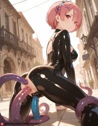 ai_generated anal_prolapse anus beautfiul_background bright_daylight confused dark_anus dildo erotic hyper_anus latex_bodysuit medium_breasts ram_(re:zero) street stunning_backgroud tentacle toys_in_ass