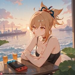 ai_generated beautfiul_background cloudy_sky confused crossed_arms cup genshin_impact harbor lotus medium_breasts nintendo_ds nintendo_switch stunning_backgroud yoimiya_(genshin_impact)