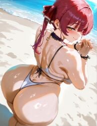 1girls ai_generated ass back_view beach big_ass big_butt bikini blush bubble_butt curvy fat_ass female female_only heterochromia hololive hololive_japan houshou_marine huge_ass large_ass large_breasts looking_at_viewer looking_back lucyla outdoors red_eyes red_hair solo solo_female swimsuit thick virtual_youtuber voluptuous white_bikini wide_hips yellow_eyes