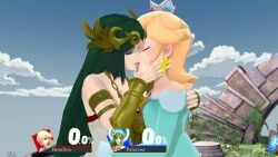 2girls 3d 3d_(artwork) alternate_version_available breasts closed_eyes clothed clothing company_connection crossover crown duo earrings female female_focus female_only game_ui green_hair hair_over_one_eye hud kid_icarus kid_icarus_uprising kiss kissing laurel_crown light-skinned_female light_skin lips long_hair mario_(series) nintendo nobodyrly_(artist) outdoors palutena platinum_blonde_hair princess_rosalina sfm star_earrings super_mario_galaxy super_smash_bros. super_smash_bros._ultimate tagme very_long_hair yuri