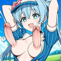 ai_generated aixpist blue_hair breasts civitai cum diphallia diphallism ejaculation handsfree_ejaculation hatsune_miku jbxpist mesmerizer_(vocaloid) penis_nipples precum projectile_cum sparkling_eyes twintails uncensored unusual_anatomy unusual_genitalia_placement unusual_penis_placement what